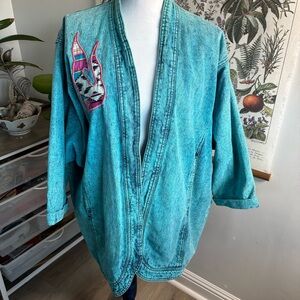 Vintage Sundance Turquoise Jean Jacket with Southwest Embroidery Large